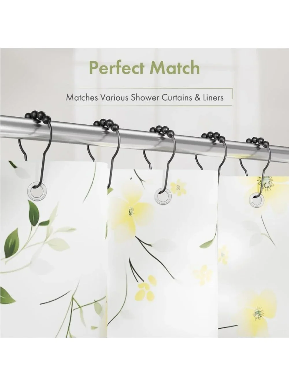 Matte Black Shower Curtain Hooks - Rust Proof Stainless Steel, Set of 24